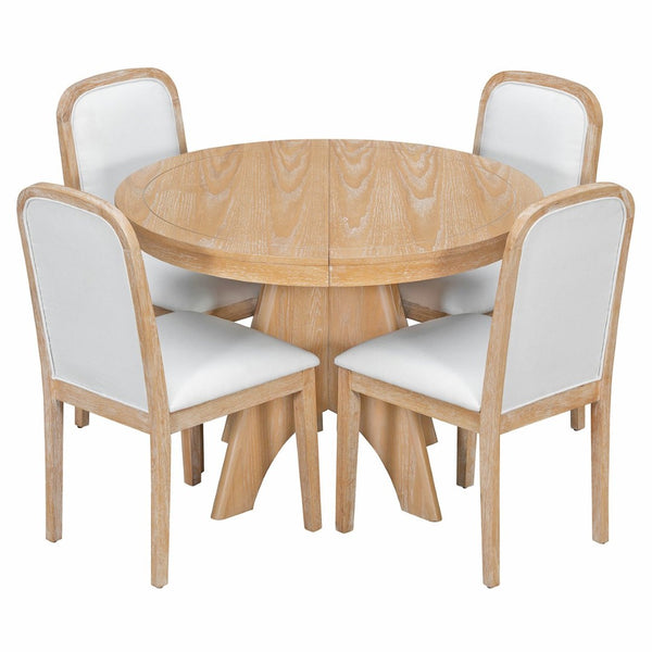 English Elm Trexm Rustic Farmhouse Extendable Dining Set Seats Six with Upholstered Rubberwood Chairs Natural Wood Wash ST000152AAD