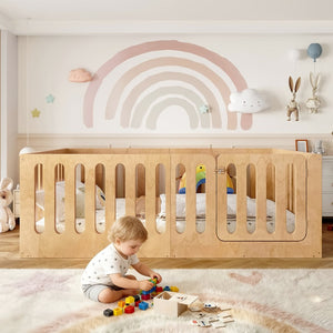 English Elm Twin Solid Pine Montessori Floor Bed with House Frame Door and Safety Fence Natural W5305P420636