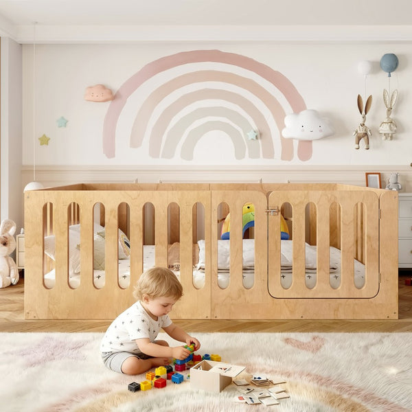English Elm Twin Solid Pine Montessori Floor Bed with House Frame Door and Safety Fence Natural W5305P420636