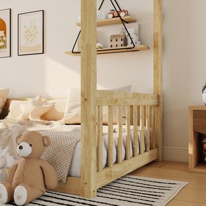 English Elm Twin Canopy Floor Bed Rubberwood Frame with Fence Guardrails for Kids Bedroom Natural W504P351804