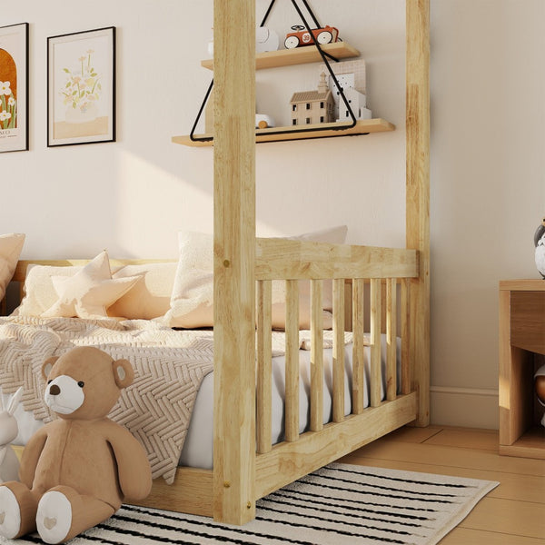 English Elm Twin Canopy Floor Bed Rubberwood Frame with Fence Guardrails for Kids Bedroom Natural W504P351804