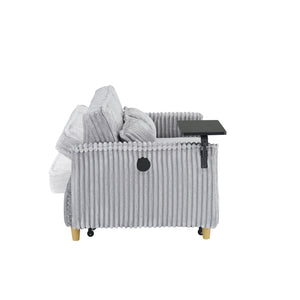 English Elm The pull-out and push-in corduroy sofa with convertible bed, movable tabletop and built-in USB ports Gray W3371P316050