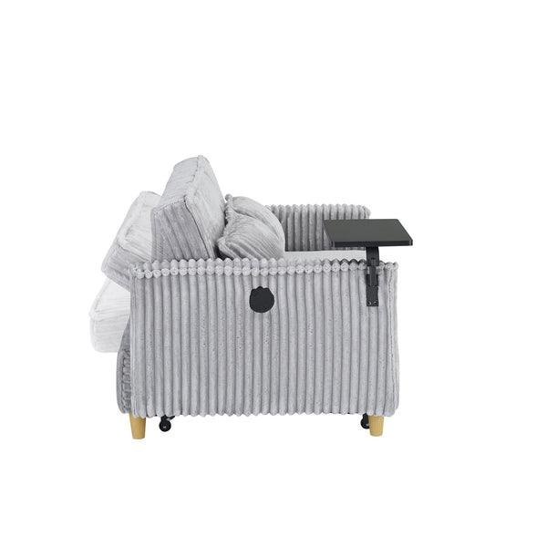 English Elm The pull-out and push-in corduroy sofa with convertible bed, movable tabletop and built-in USB ports Gray W3371P316050