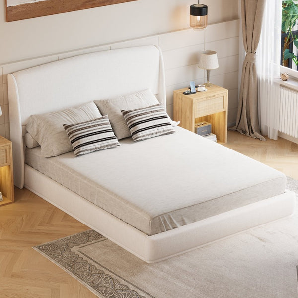 English Elm Upholstered Queen Platform Bed Curved Wingback Linen Headboard Modern Bedroom Frame Beige N733S439498A