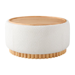 English Elm 29" Round Boucle Storage Ottoman Sculptural Wood Base Reversible Lid Living Room Beige N723P405304A