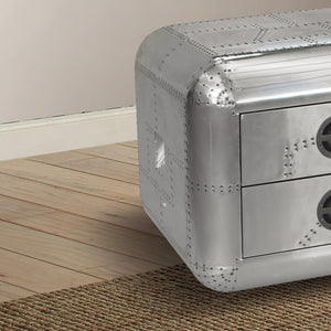 English Elm Aluminum Trunk-Shaped 2-Drawer End Table with Patchwork Frame, Durable Storage Accent for Living Rooms B062P209061