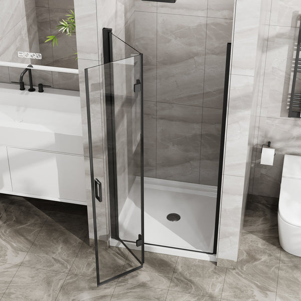 English Elm Goodyo 34"X72" Frameless Bi-Fold Glass Shower Door Combo With White Acrylic Base & Black Finish W1223S00022