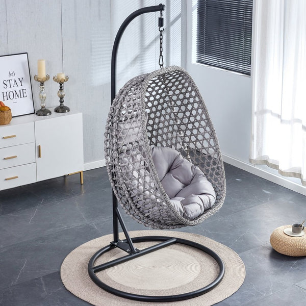English Elm Egg Swing Chair Woven Rattan Basket Seat with Stand Cushion for Patio Bedroom W1512P498597