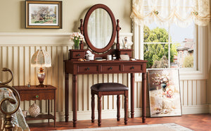 English Elm Vanity Vintage Wooden Makeup Desk with 180° Adjustable Mirror, 5 Velvet‑Lined Drawers & Cushioned Stool Walnut 52.7 L x 22.5 W x 11 H N733P305139D