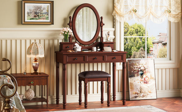 English Elm Vanity Vintage Wooden Makeup Desk with 180° Adjustable Mirror, 5 Velvet‑Lined Drawers & Cushioned Stool Walnut 52.7 L x 22.5 W x 11 H N733P305139D