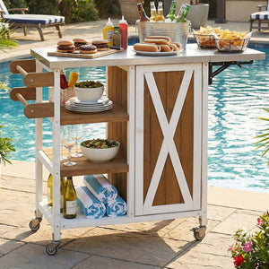 English Elm Foldable Outdoor Kitchen Cart with Stainless Worktop Fir Wood Frame and Lockable Wheels Brown+White N719P380281Z