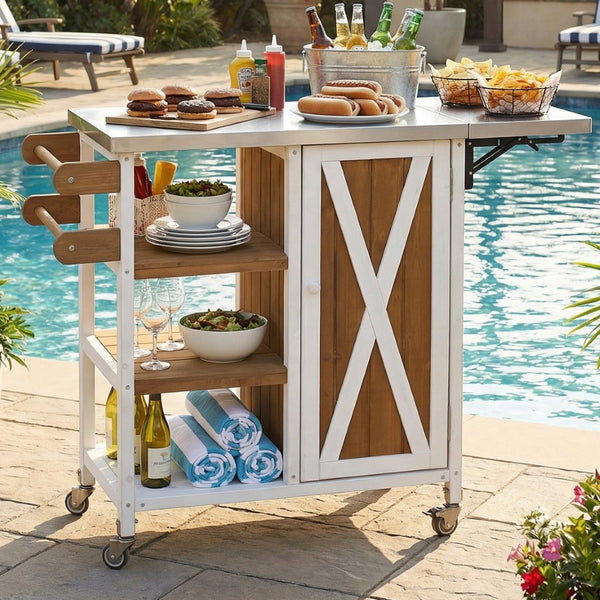 English Elm Foldable Outdoor Kitchen Cart with Stainless Worktop Fir Wood Frame and Lockable Wheels Brown+White N719P380281Z