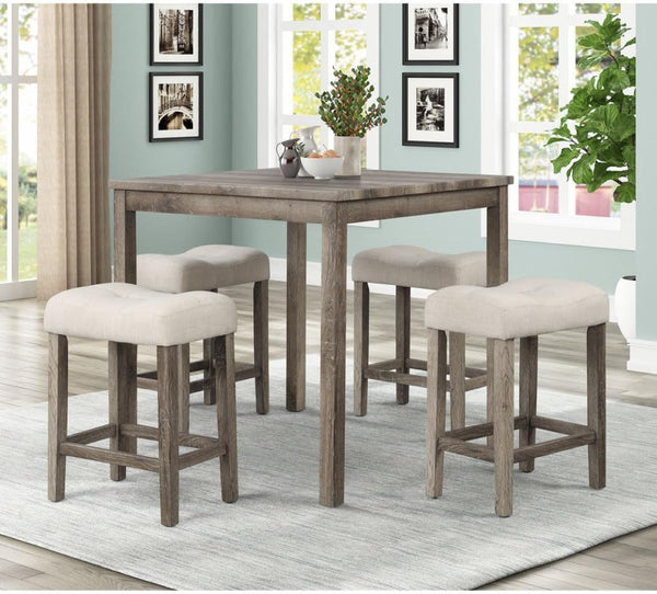 English Elm 5 Piece Oak Counter Dining Set Square Table Tufted Linen Stools Kitchen Nook B011S02295
