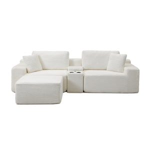 English Elm Modular Cloud Sectional Sofa with Corduroy Deep Seating Usb Ports and Storage Ottoman Beige W1117S00358