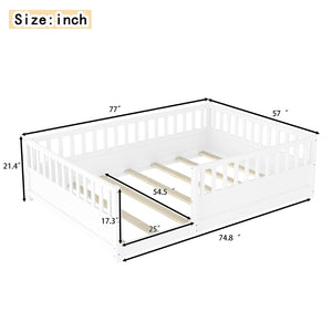 English Elm Twin Montessori Floor Bed Solid Pine Frame with Safety Fence Door for Kids Play Space White W1858P382400