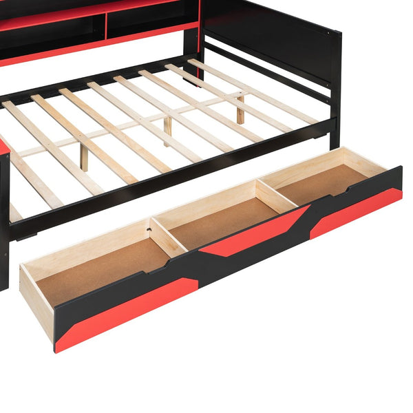 English Elm Full Size Gaming Bed Frame with Desk Led Lights Storage Drawers and Charging Station Black+Red LP000289AAJ