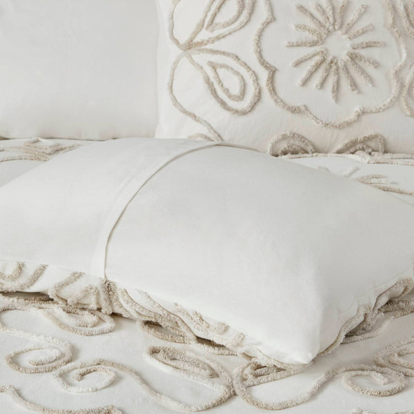 JLA Home Madison Park - 3 Tufted Cotton Chenille Duvet Cover Set – Ivory Taupe Medallion Design, Breathable 100% Cotton, Button Closure & Corner Ties for Secure Cozy Style MP12-7142
