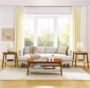 English Elm 47.25" Mid-Century Coffee Table with Woven Rattan Shelf, Wood Grain MDF Top & Solid Rubberwood Legs W1801P195652