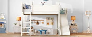 English Elm Twin Loft Bed Solid Pine Frame with Wardrobe Shelving Detachable Slide Kids Room Beige W5305S00023