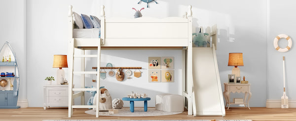 English Elm Twin Loft Bed Solid Pine Frame with Wardrobe Shelving Detachable Slide Kids Room Beige W5305S00023