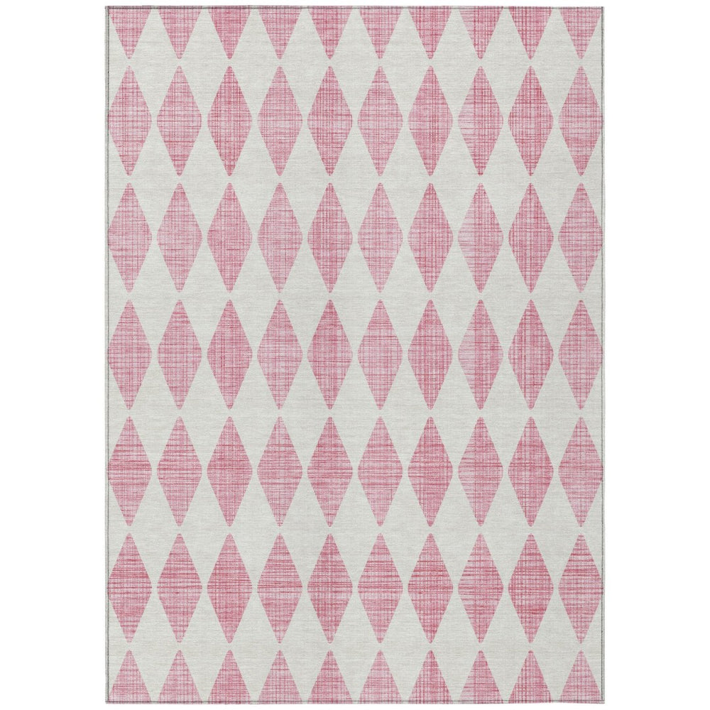 HomeRoots 5' Modern Pink and Ivory Geometric Washable Area Rug for Indoor and Outdoor Spaces, Durable Design 5' X 8' 577092