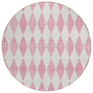 HomeRoots 5' Modern Pink and Ivory Geometric Washable Area Rug for Indoor and Outdoor Spaces, Durable Design 8' Round 577093