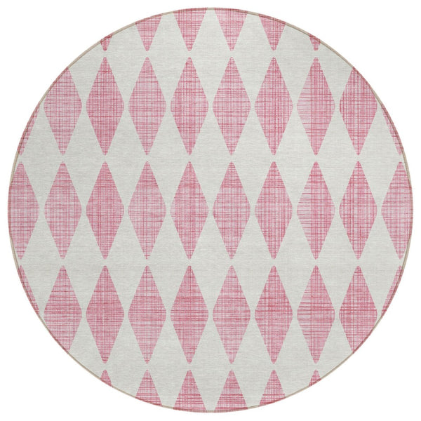 HomeRoots 5' Modern Pink and Ivory Geometric Washable Area Rug for Indoor and Outdoor Spaces, Durable Design 8' Round 577093