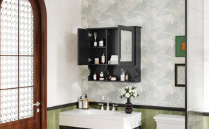 English Elm 30 30 Inch Mirror Medicine Cabinet with Half-Moon Design, Soft-Close Hinges, Open Shelf & Solid-Wood Frame Black N710P322812B