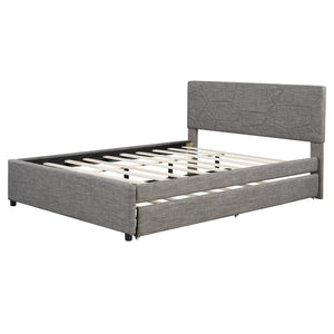 English Elm Queen Linen Upholstered Platform Bed with Brick Textured Headboard and Pull Out Trundle SF000004AAE-1