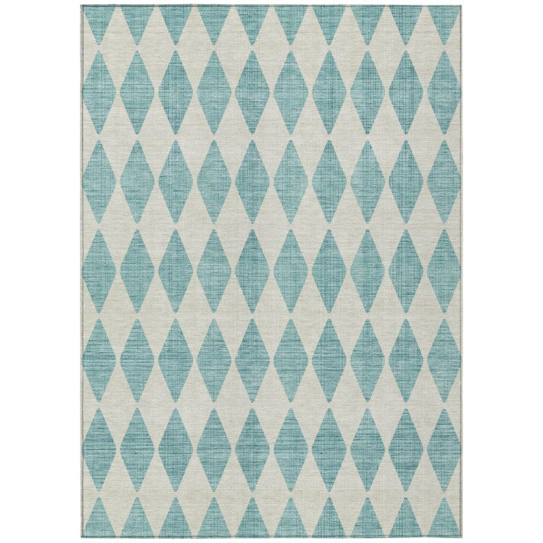 HomeRoots Geometric Polyester Area Rug Washable Indoor Outdoor Stain Resistant Teal Ivory Pattern 9' x 12' 577131