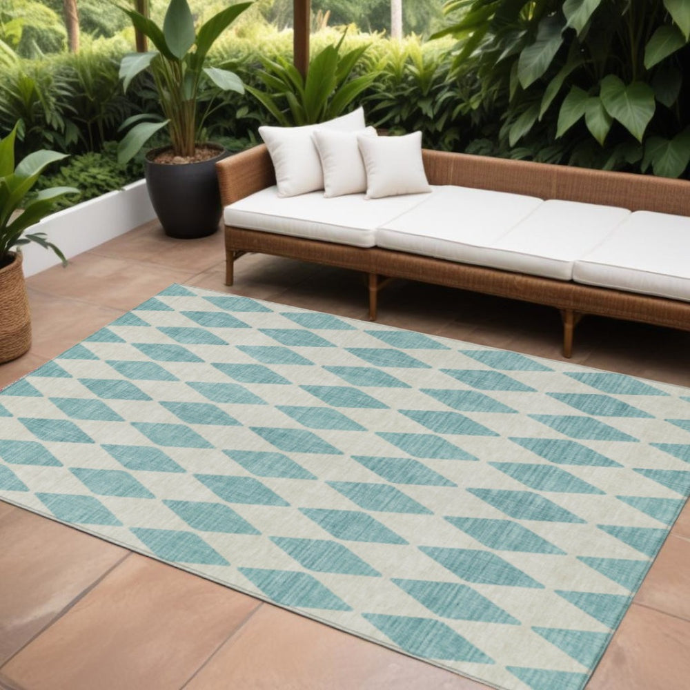 HomeRoots 5' Stylish Teal Blue and Ivory Geometric Area Rug – Durable, Washable Design for Indoor & Outdoor Use 10' X 14' 577132