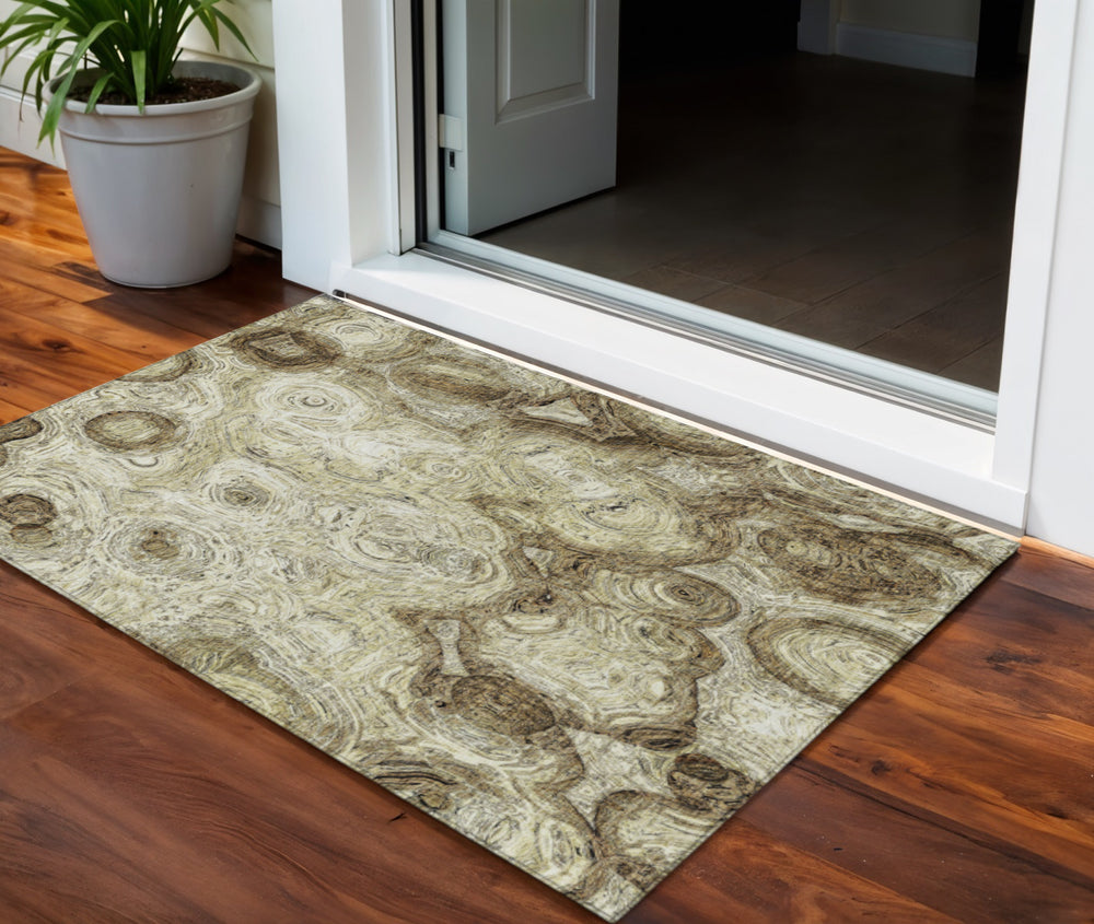 Homeroots 3' Beige Taupe And Brown Abstract Washable Area Rug For Indoor And Outdoor Use - Durable Design 3' X 5' Polyester 577133