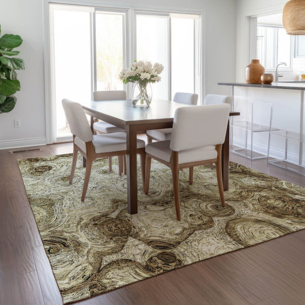 Homeroots 3' Beige Taupe And Brown Abstract Washable Area Rug For Indoor And Outdoor Use - Durable Design 5' X 8' Polyester 577134