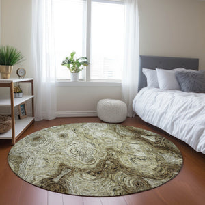 Homeroots 3' Beige Taupe And Brown Abstract Washable Area Rug For Indoor And Outdoor Use - Durable Design 8' Round Polyester 577135