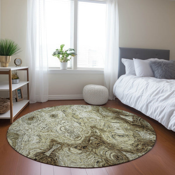 Homeroots 3' Beige Taupe And Brown Abstract Washable Area Rug For Indoor And Outdoor Use - Durable Design 8' Round Polyester 577135