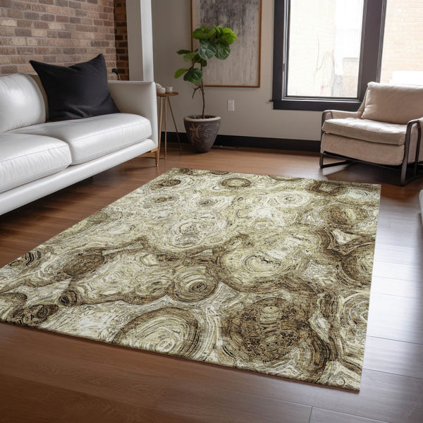 Homeroots 3' Beige Taupe And Brown Abstract Washable Area Rug For Indoor And Outdoor Use - Durable Design 8' X 10' Polyester 577136
