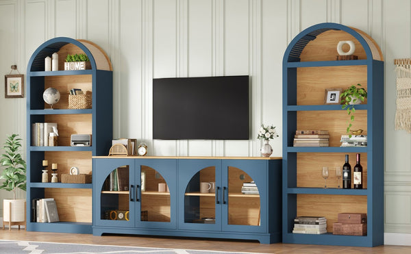 English Elm 3-piece Farmhouse Entertainment Center with Arched Glass Doors and Open Tower Shelving Blue N721S000070C