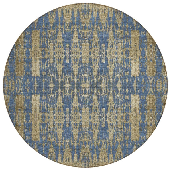 HomeRoots 5' Moroccan-Inspired Area Rug in Blue, Taupe & Beige - Stylish, Washable & Durable for Indoor/Outdoor Use 8' Round 577189
