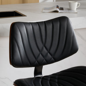 English Elm Walnut Bentwood Bar Stool with Faux Leather Seat, Ergonomic Large Cushion, 360° Swivel Base Black W1143P278537