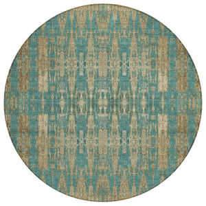 HomeRoots 5' Moroccan-Inspired Teal Blue and Beige Washable Area Rug for Indoor and Outdoor Use, Durable Design 8' Round 577219