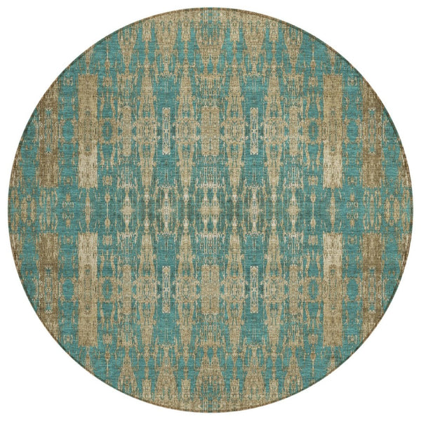 HomeRoots 5' Moroccan-Inspired Teal Blue and Beige Washable Area Rug for Indoor and Outdoor Use, Durable Design 8' Round 577219