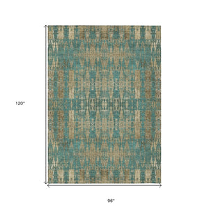 HomeRoots 5' Moroccan-Inspired Teal Blue and Beige Washable Area Rug for Indoor and Outdoor Use, Durable Design 8' X 10' 577220