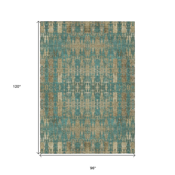 HomeRoots 5' Moroccan-Inspired Teal Blue and Beige Washable Area Rug for Indoor and Outdoor Use, Durable Design 8' X 10' 577220