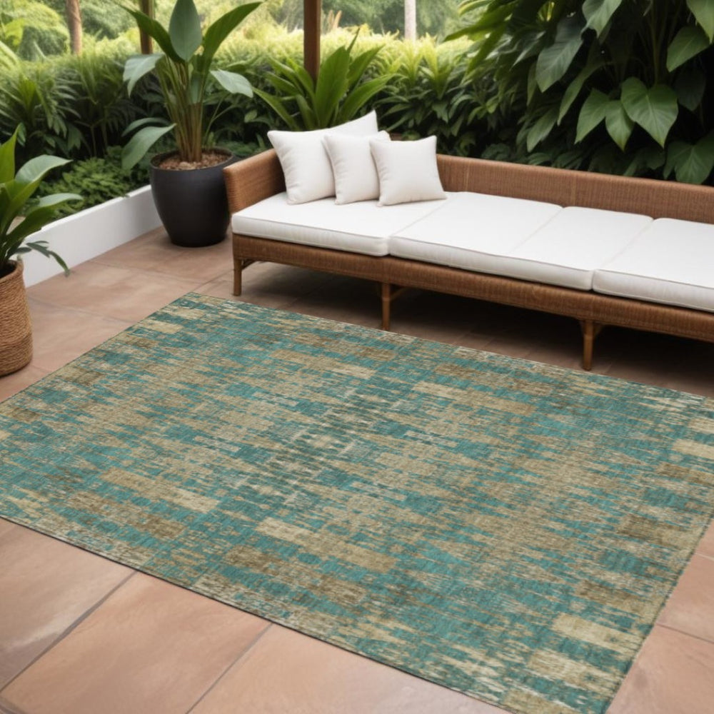 HomeRoots 9' Stylish Moroccan-Inspired Washable Area Rug in Teal, Taupe & Beige for Indoor/Outdoor Use 9' X 12' 577221
