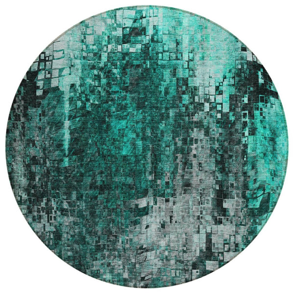 HomeRoots 5' Modern Teal Blue Aqua and Gray Abstract Indoor Outdoor Area Rug - Durable, Washable, Versatile Design 8' Round 577249