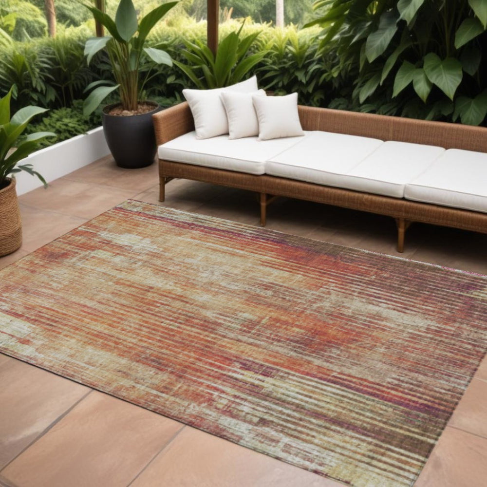 HomeRoots 9' Durable Striped Indoor Outdoor Area Rug in Orange, Beige, and Taupe – Easy Care, Kid & Pet Friendly 9' X 12' 577263