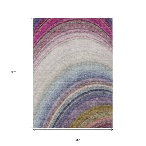 Homeroots 3' Beige Purple Ivory Abstract Washable Area Rug For Indoor Outdoor Spaces - Durable & Stylish 3' X 5' Polyester 577283