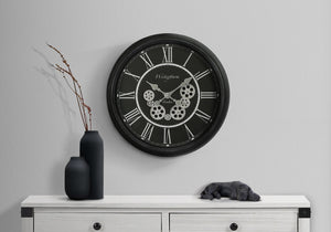 English Elm Clocks, 23" Round Gear Mechanism Wall Clock In Black - Elegant Quartz Movement & Roman Numerals B2710P287145