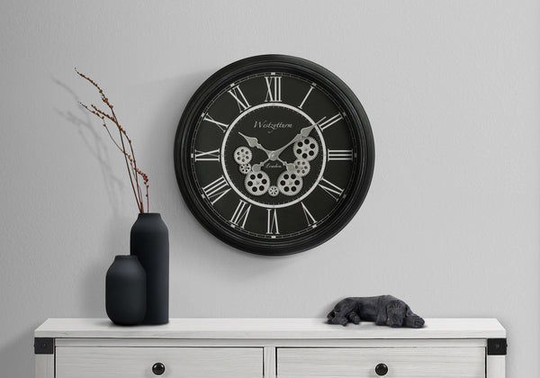 English Elm Clocks, 23" Round Gear Mechanism Wall Clock In Black - Elegant Quartz Movement & Roman Numerals B2710P287145