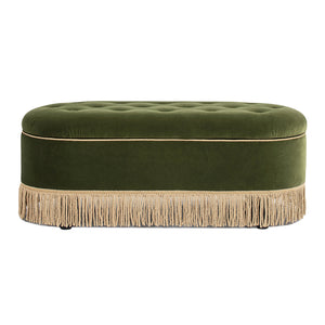 English Elm Jennifer Taylor Home - Melinda Oval Tufted Storage Bench with Bullion Fringe, Gold Velvet Upholstery, Vintage Charm Olive Green B2719P238472